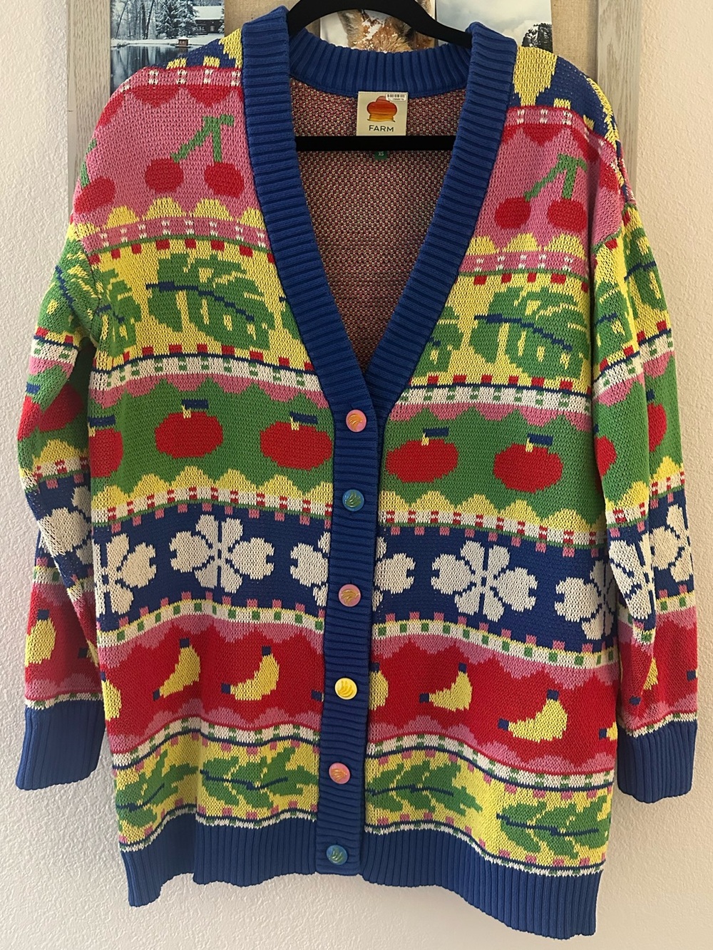 FARM Rio Multicolor Fruit & Floral V‑Neck Cardigan - Oversized XS